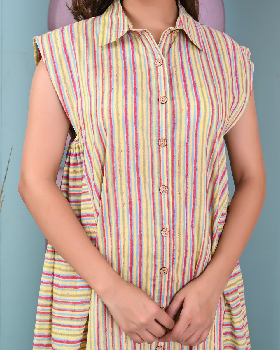 Striped Printed Yellow Cotton Women Dress with Front Buttons