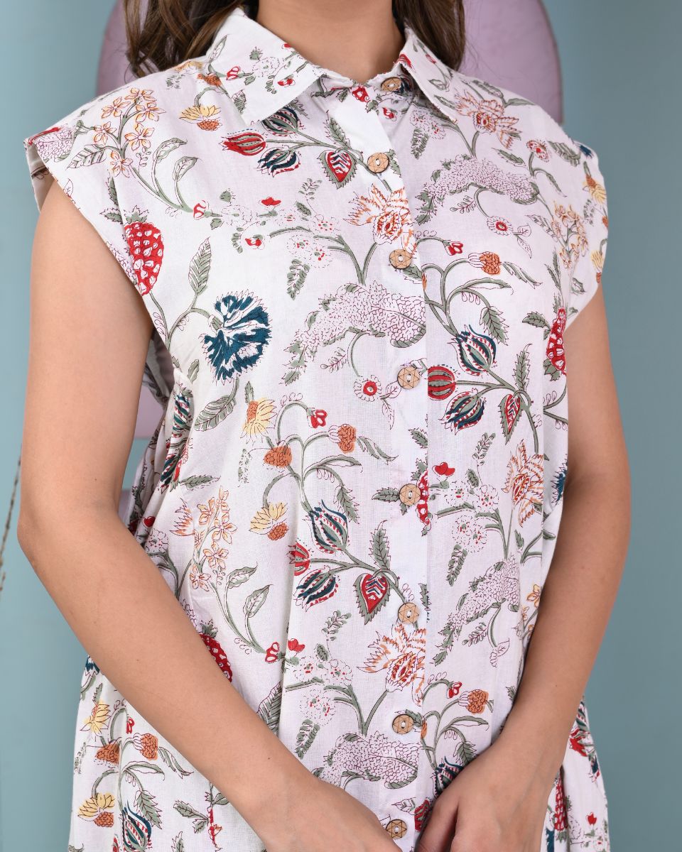 Floral Printed White Cotton Women Dress with Front Buttons