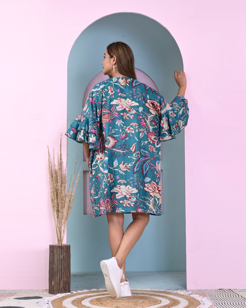 Floral Printed Turquoise Cotton Ruffle Dress for Women