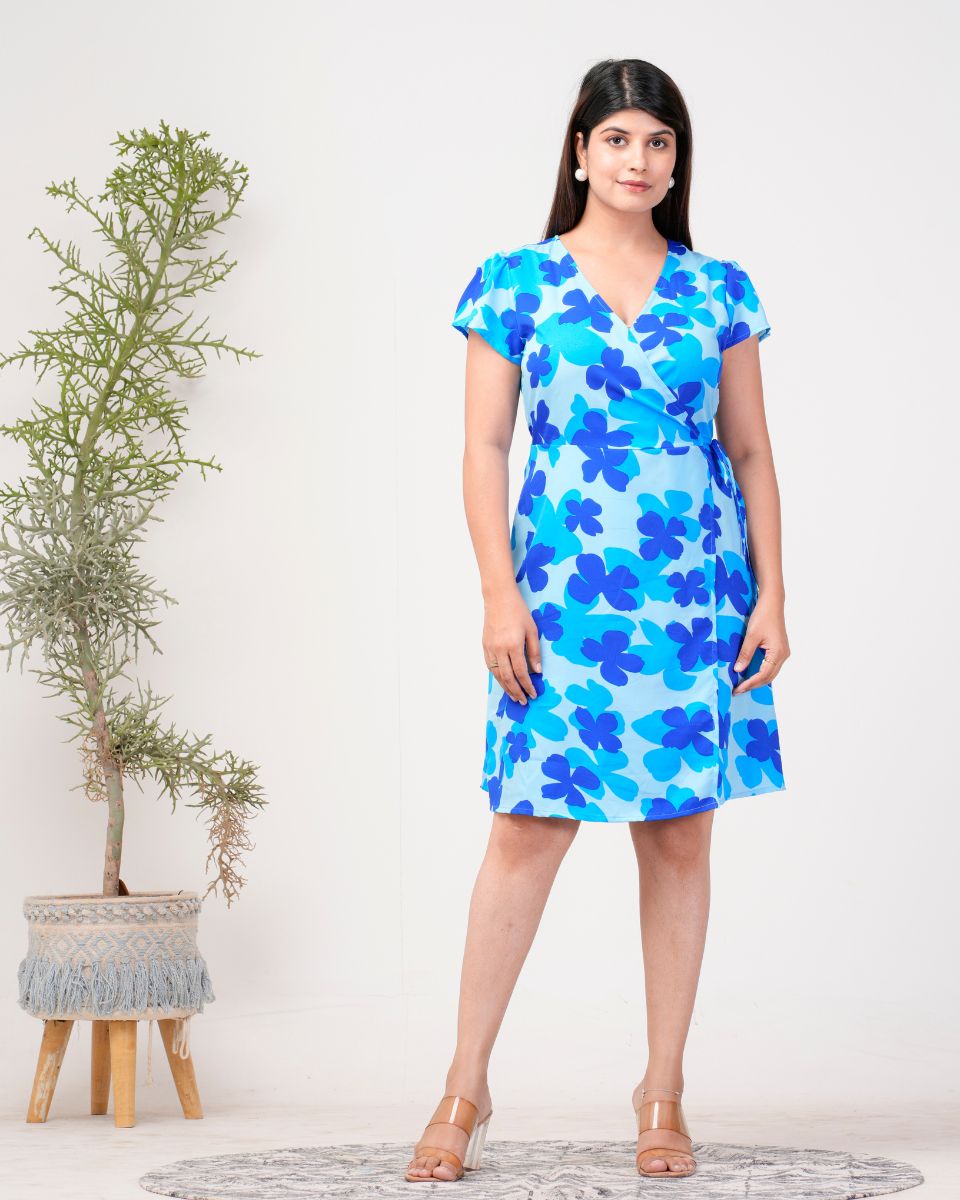Floral Printed Blue Poly Crepe Dress for Women