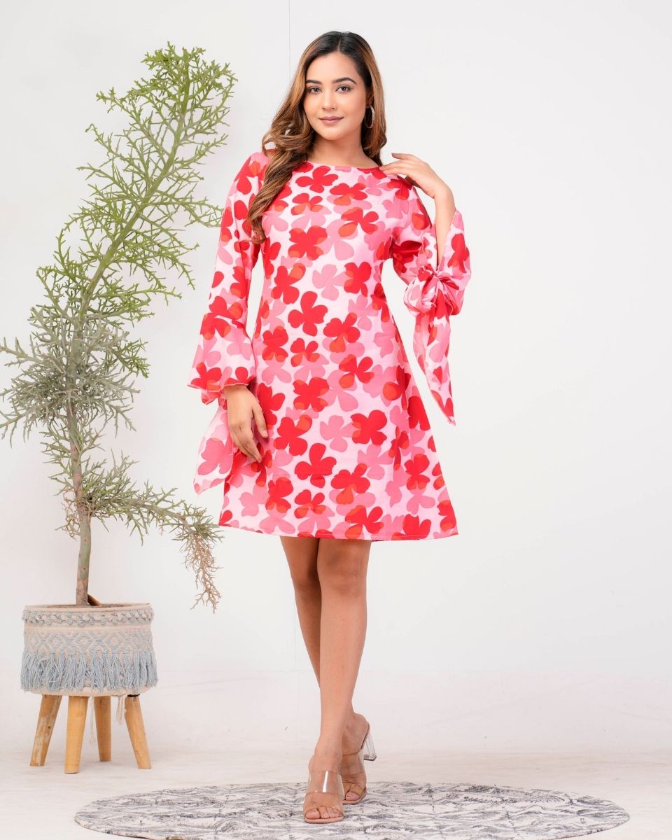 Red Poly crepe Floral Printed Dress For Women