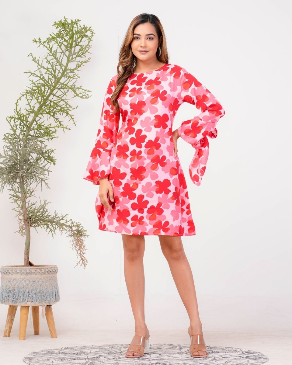 Floral Printed Red Poly crepe Dress for Women