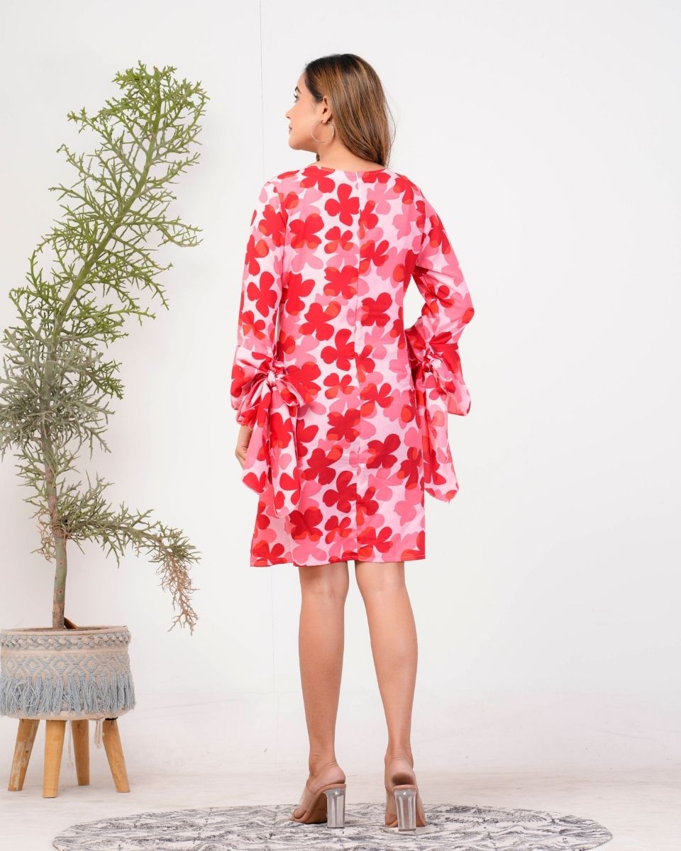 Red Poly crepe Floral Printed Dress For Women