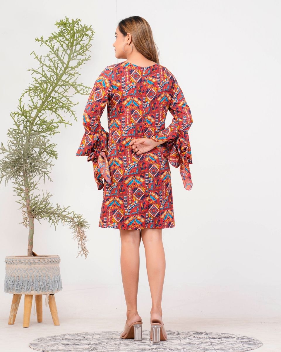 Jacobean Printed Maroon Poly crepe Dress for Women