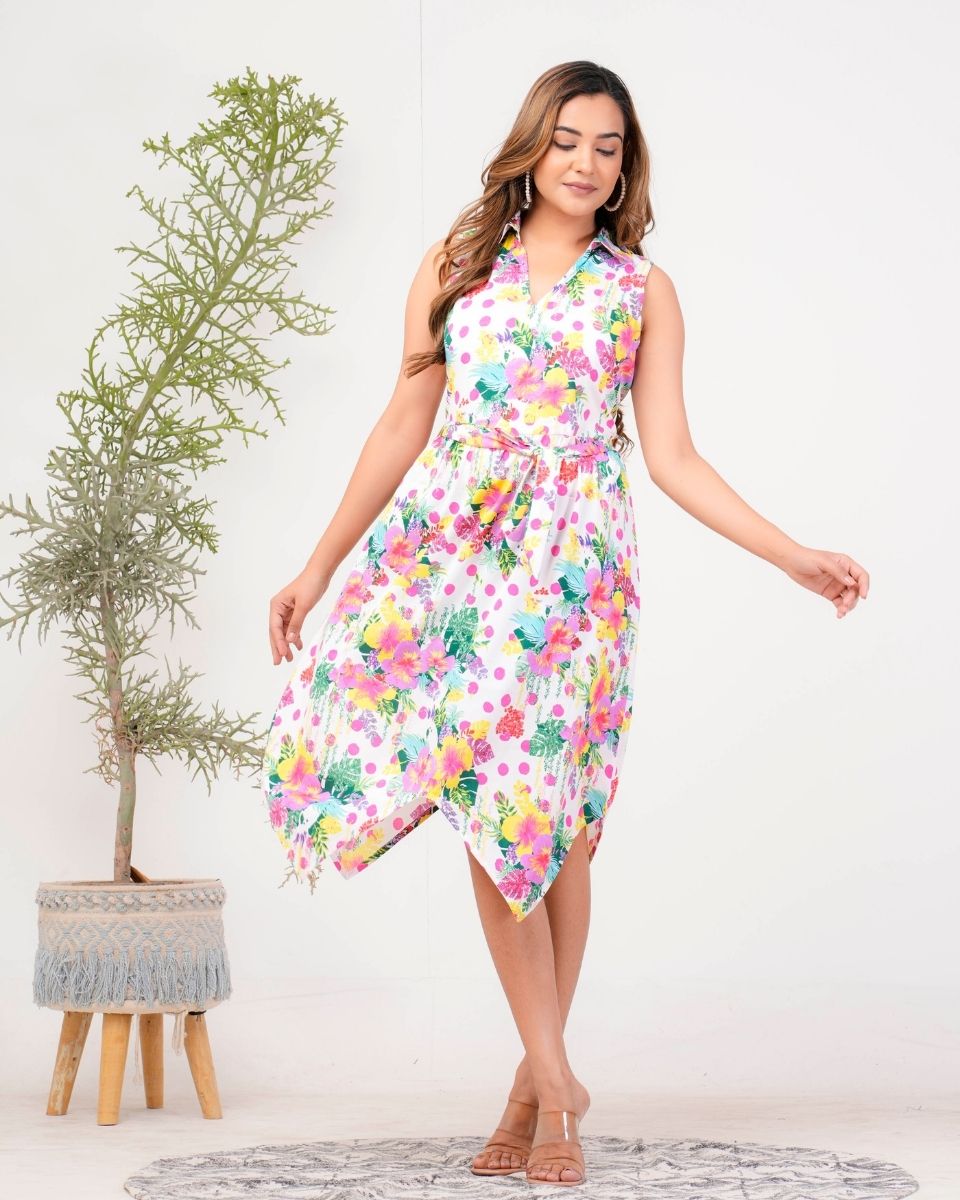 White Poly crepe Floral Printed Dress For Women