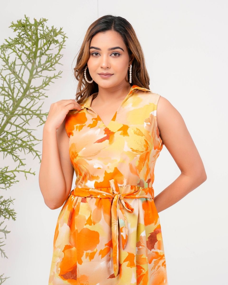 Orange Poly Crepe Floral Printed Dress For Women