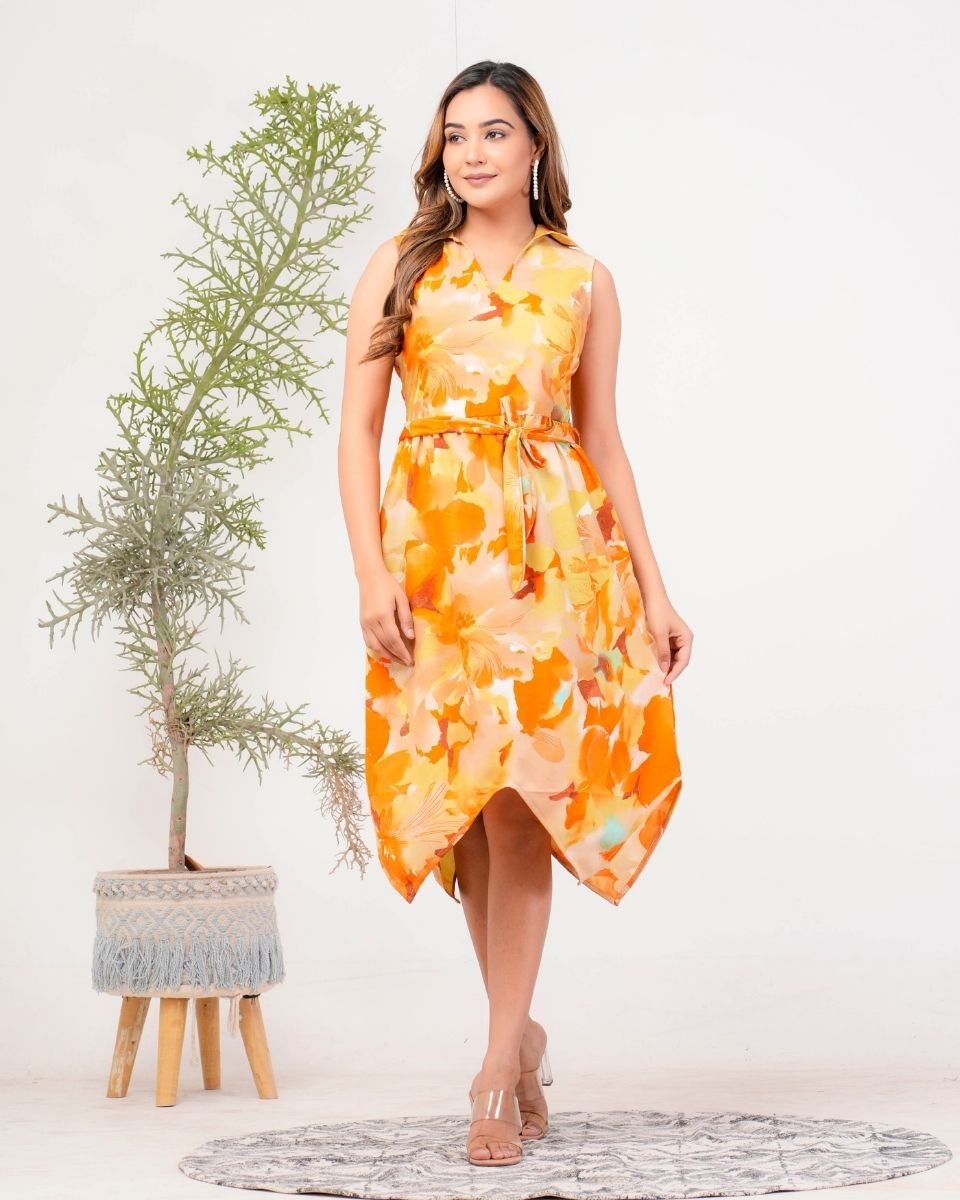 Orange Poly Crepe Floral Printed Dress For Women