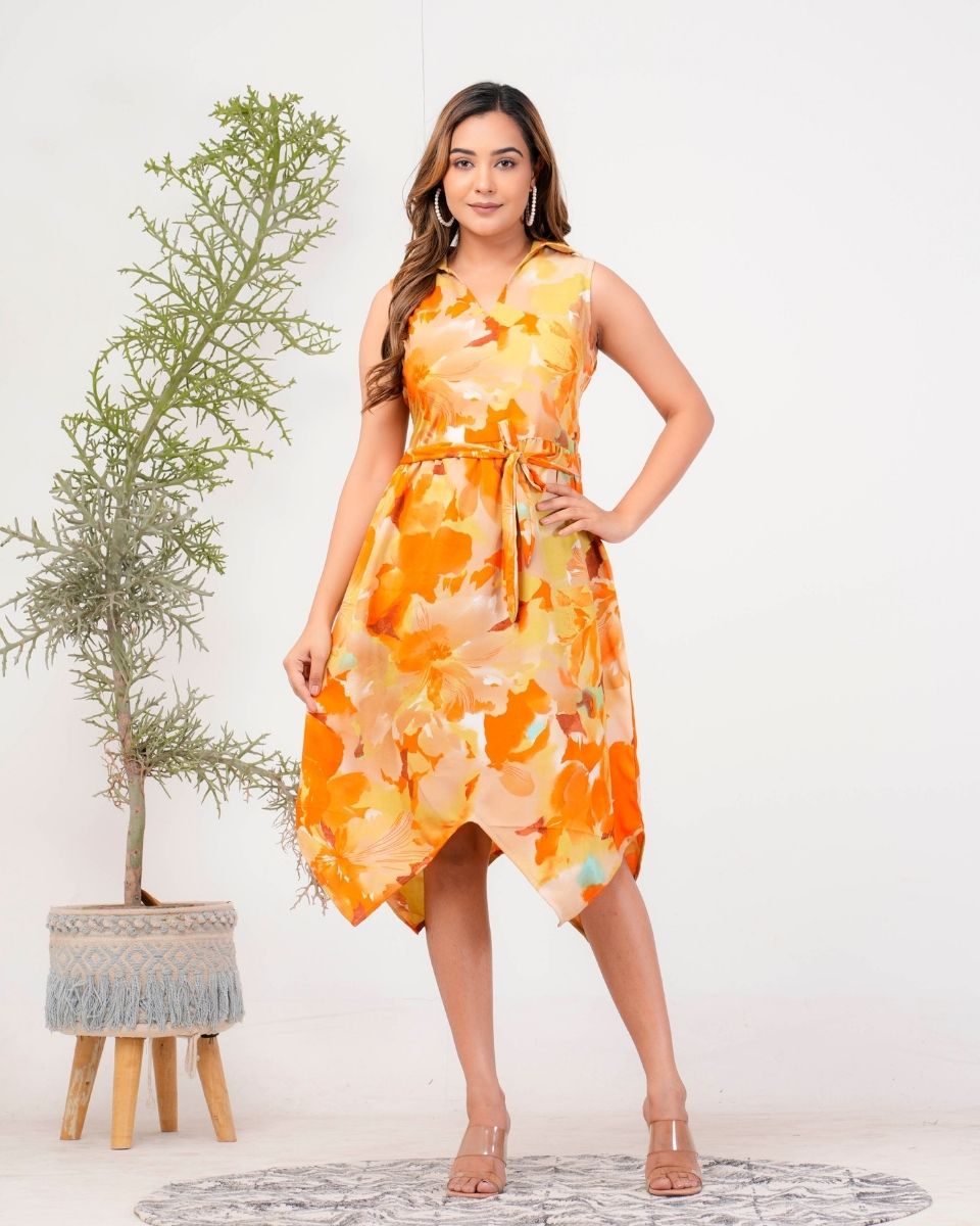 Orange Poly Crepe Floral Printed Midi Dress For Women With Drawstring