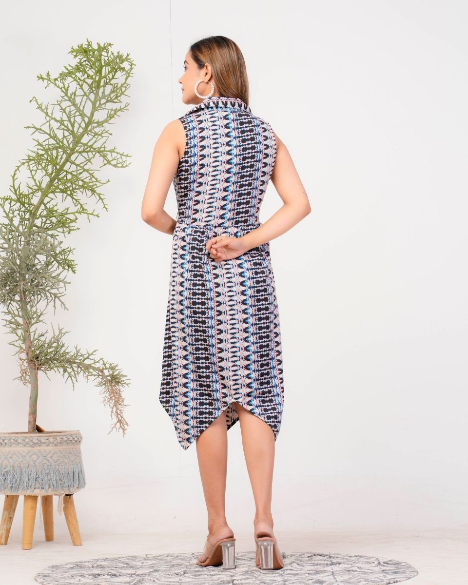 Ikat Printed Gray Poly Crepe Dress For Women