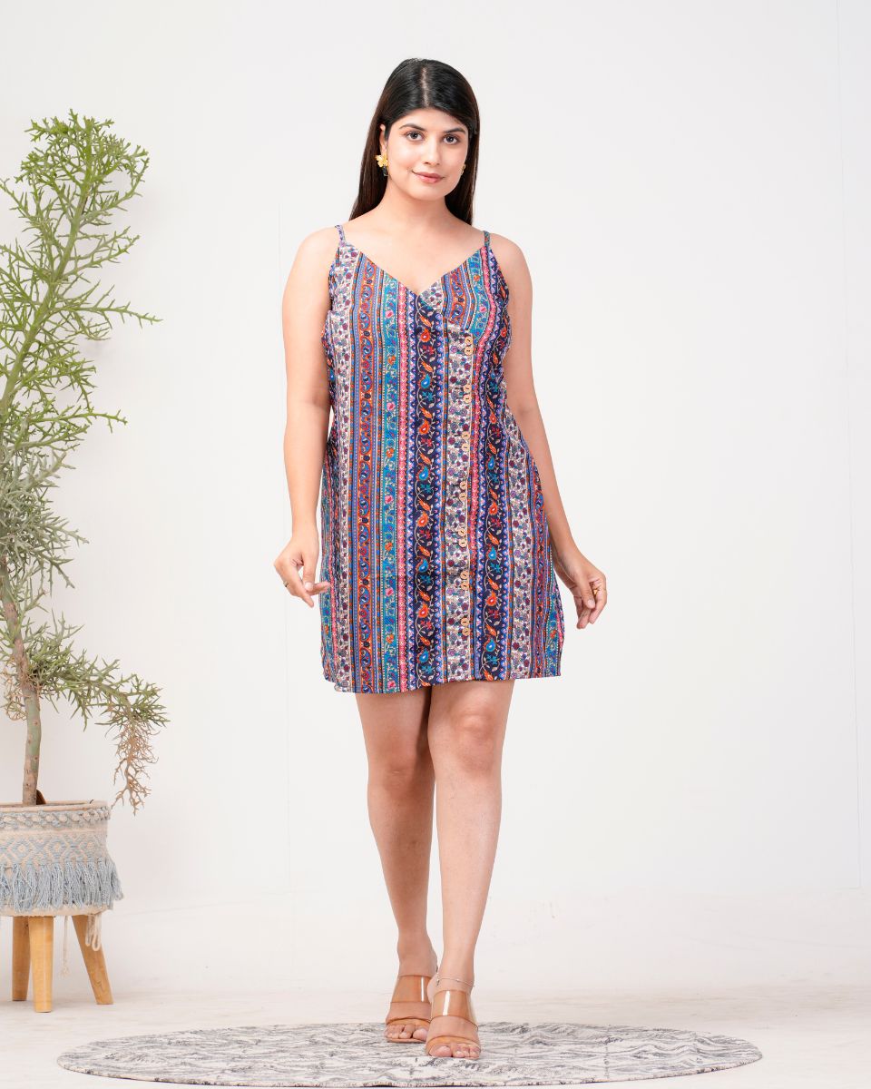 Blue Poly Crepe Stripped Printed Dress For Women