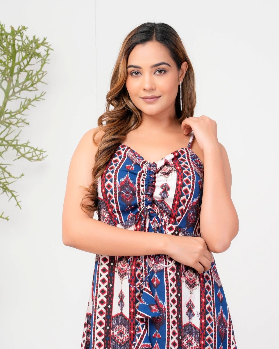Ikat Printed Blue Poly crepe Dress for Women
