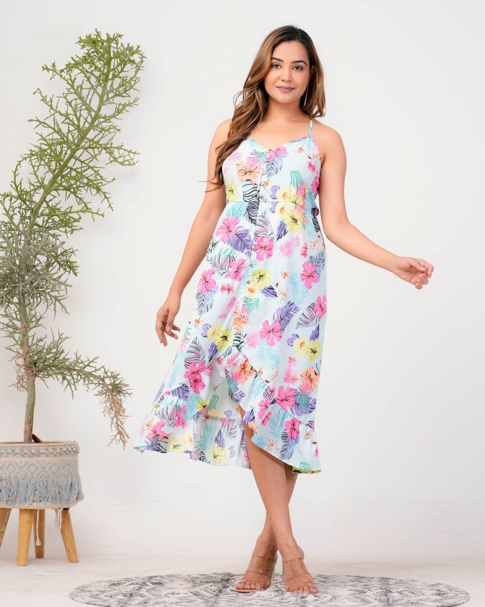 Tropical Printed Sky Blue Poly Crepe Dress For Women