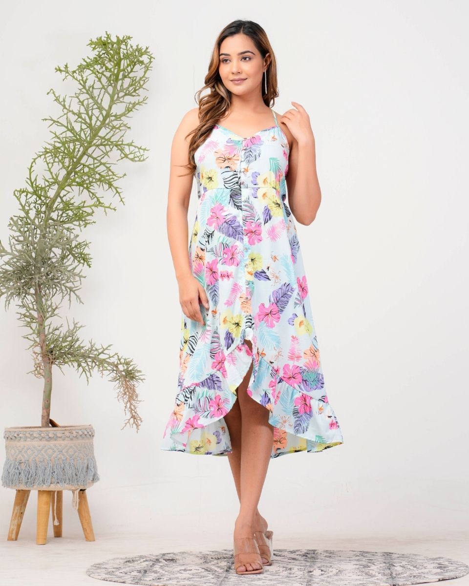 Tropical Printed Sky Blue Poly Crepe Dress For Women