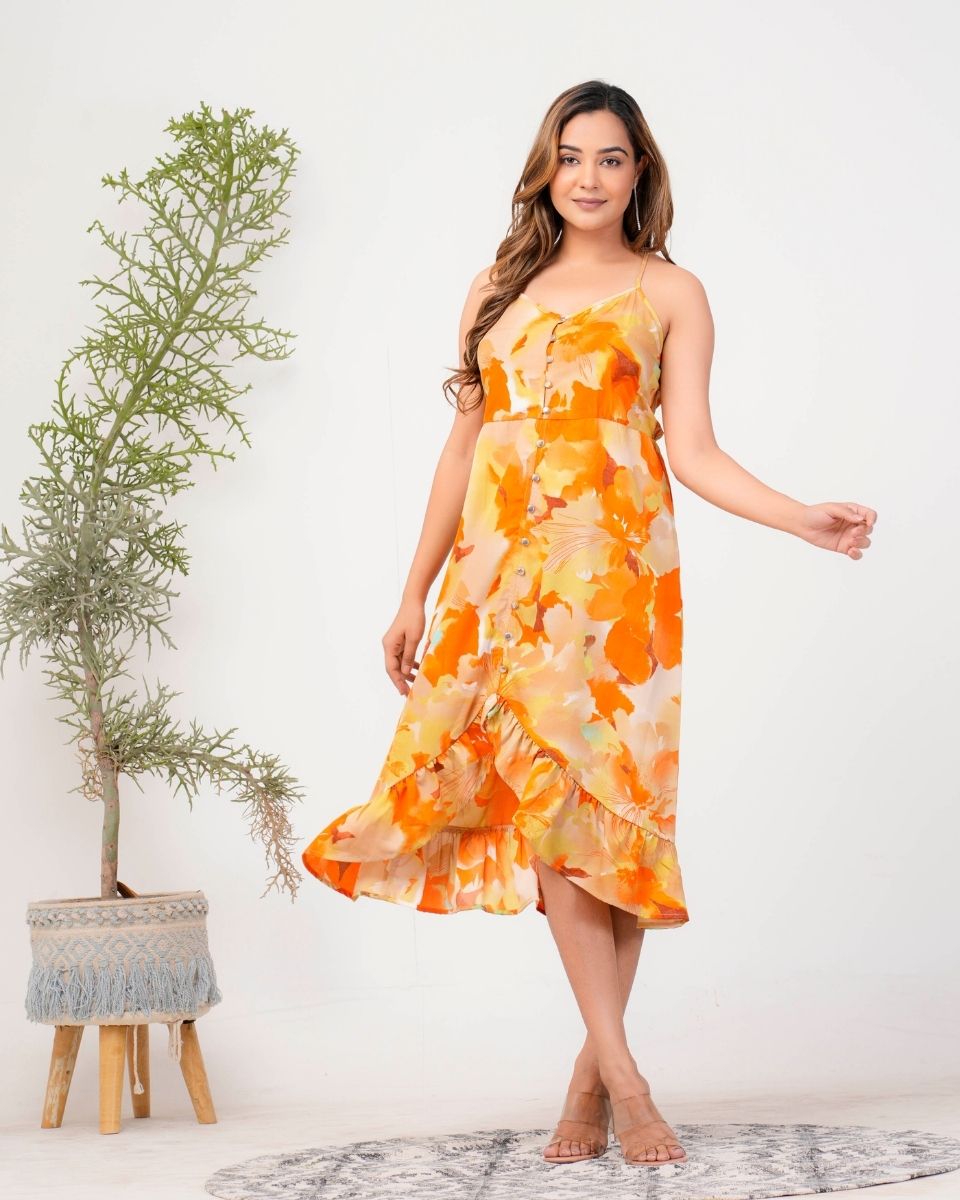 Floral Printed Yellow Poly Crepe Dress For Women