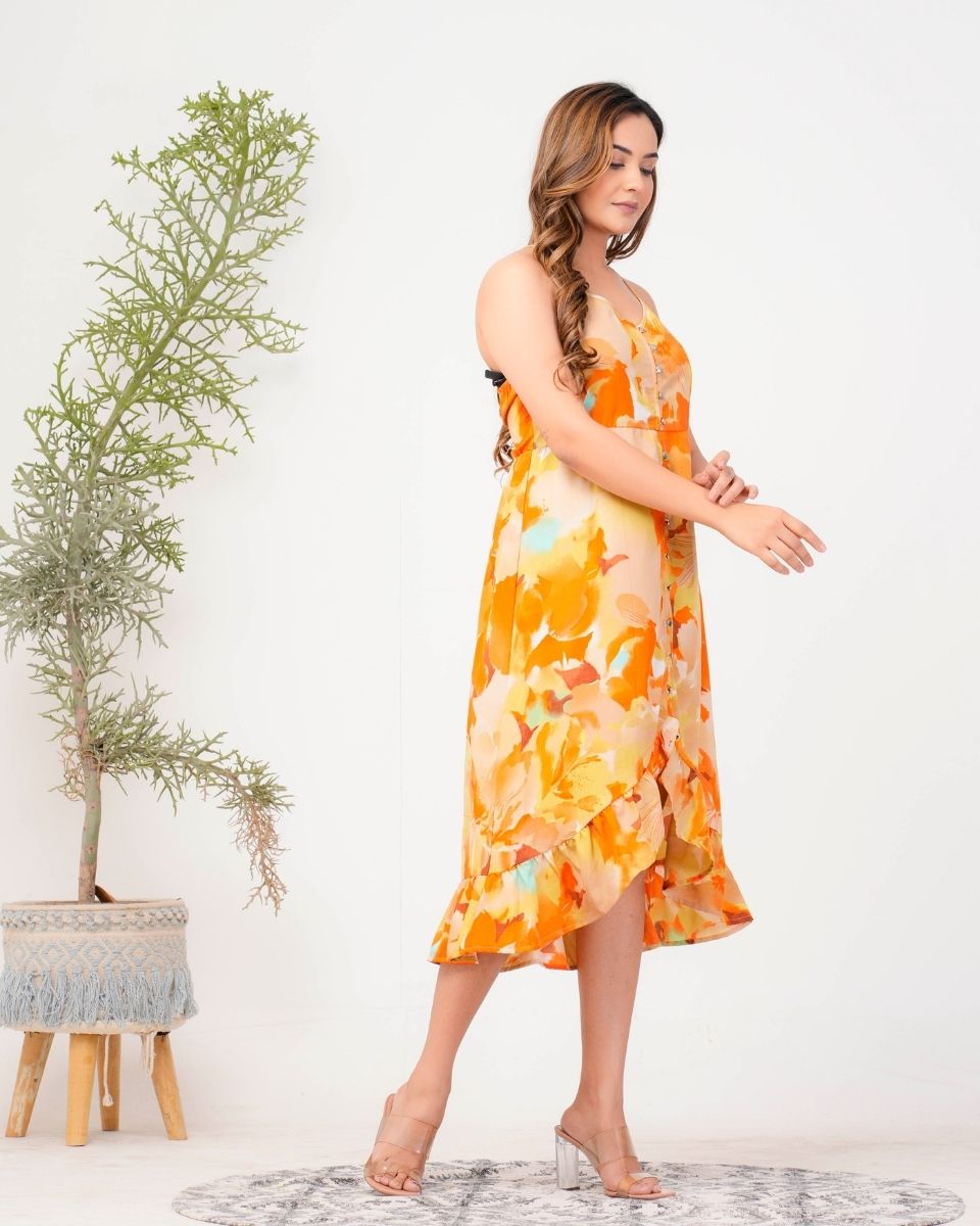 Floral Printed Yellow Poly Crepe Dress For Women