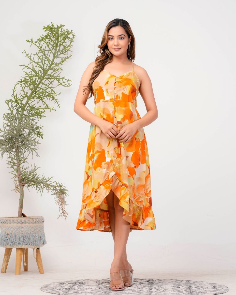 Floral Printed Yellow Poly Crepe Dress For Women