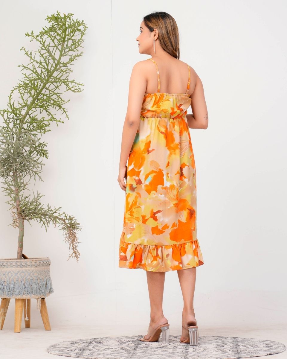 Floral Printed Yellow Poly Crepe Dress For Women