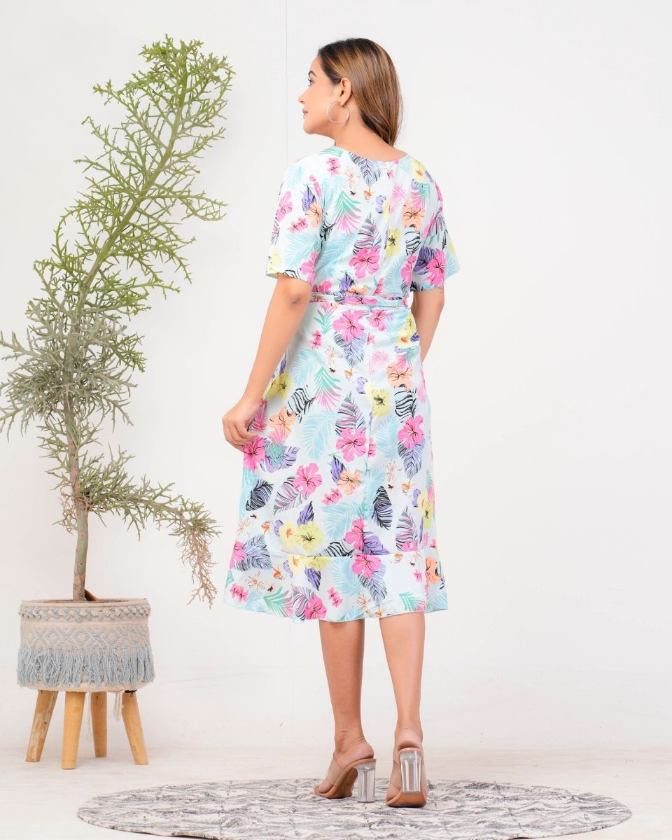 Tropical Printed Sky blue Poly crepe Dress for Women