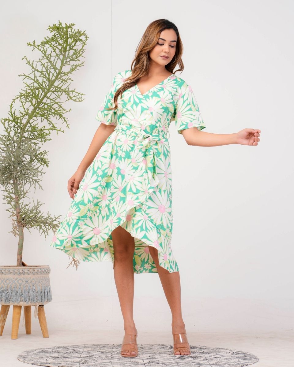 Floral Printed Fluorescent Green Poly Crepe Dress For Women