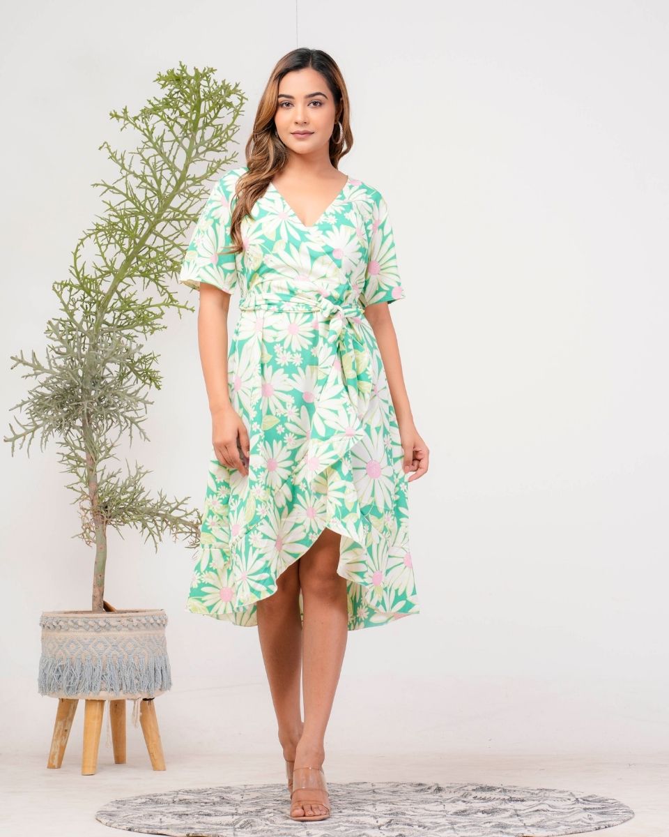 Floral Printed Floroscent green Poly crepe Dress for Women