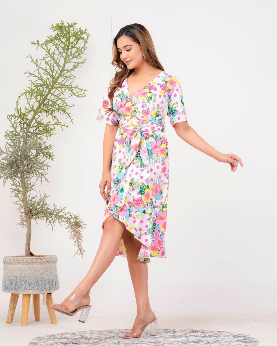 Tropical Printed White Poly Crepe Dress For Women