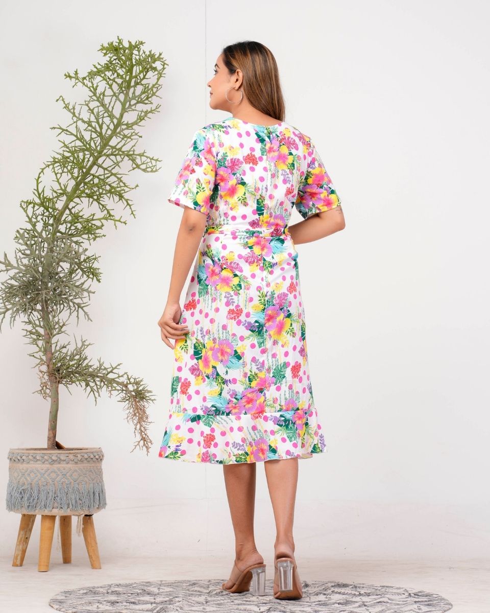 Tropical Printed White Poly Crepe Dress For Women