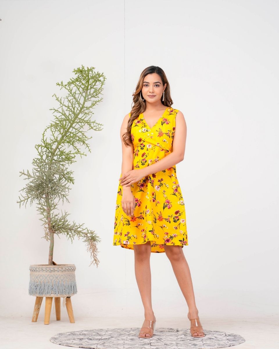 Yellow Floral Printed Poly Crepe Dress For Women