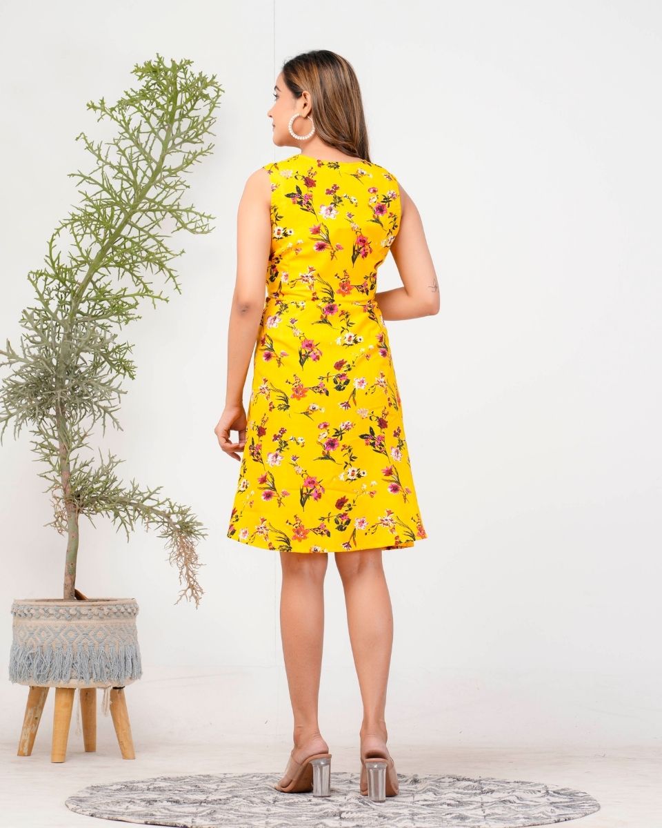 Floral Printed Yellow Poly crepe Dress for Women