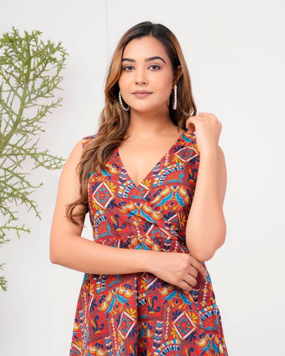 Jacobean Printed Maroon Poly Crepe Dress For Women