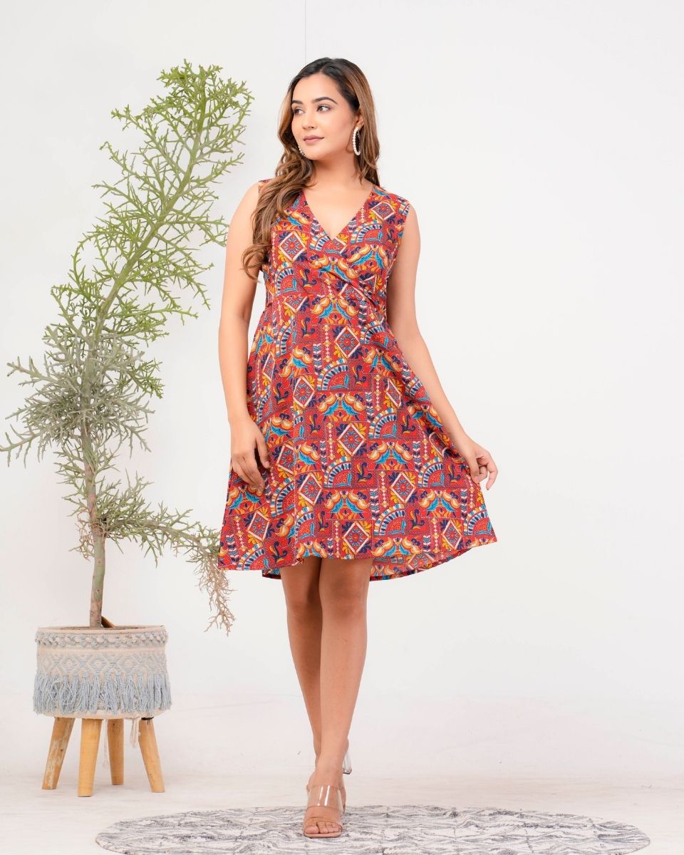 Jacobean Printed Maroon Poly Crepe Dress For Women