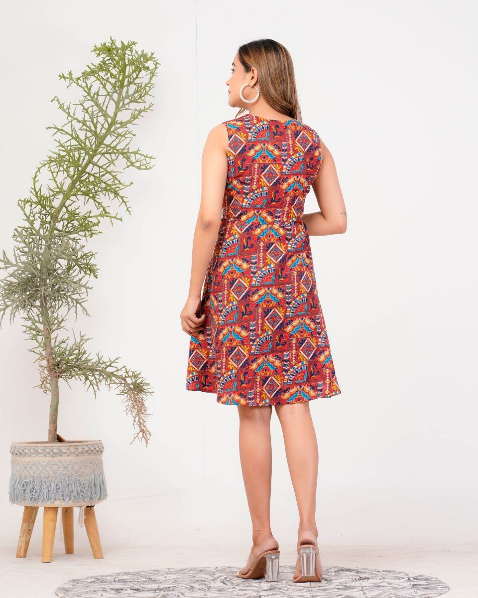 Jacobean Printed Maroon Poly Crepe Dress For Women