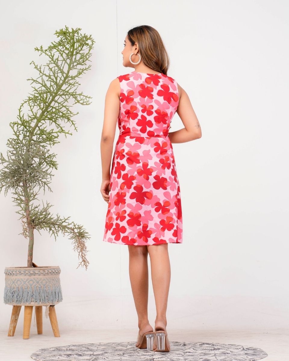 Red Cloverleaf Printed Poly Crepe Mini Dress For Women