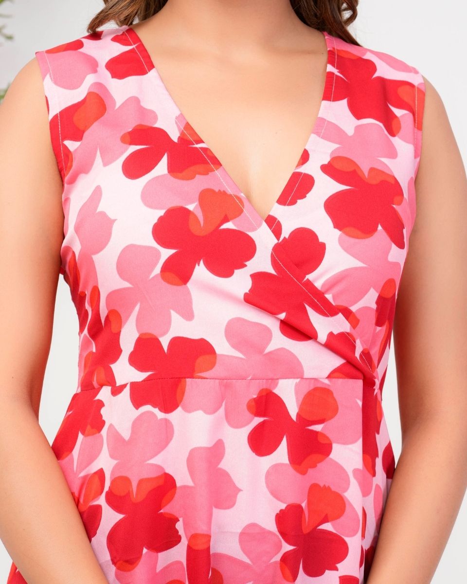 Red Cloverleaf Printed Poly Crepe Mini Dress For Women