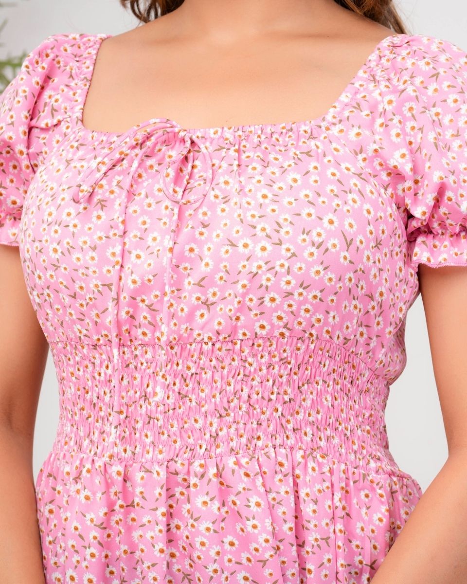 Floral Printed Pink Poly crepe Dress for Women
