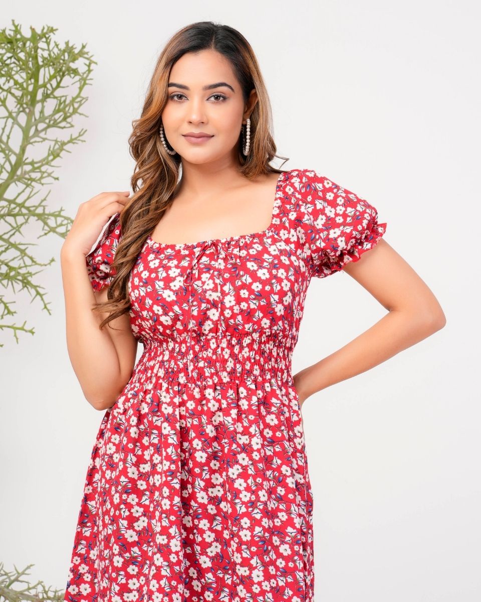 Pink Floral Printed Poly Crepe Dress For Women