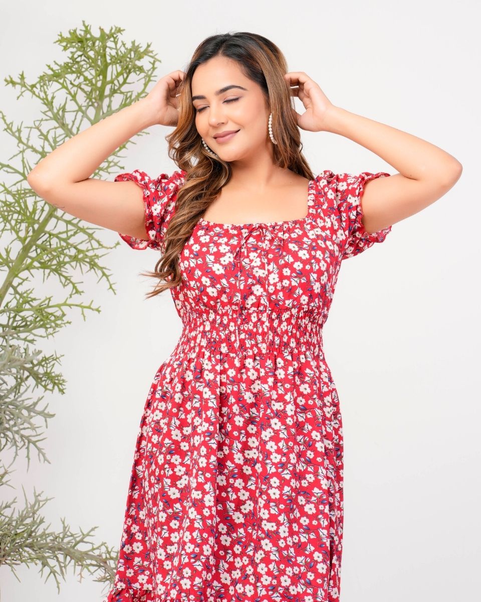 Pink Floral Printed Poly Crepe Dress For Women