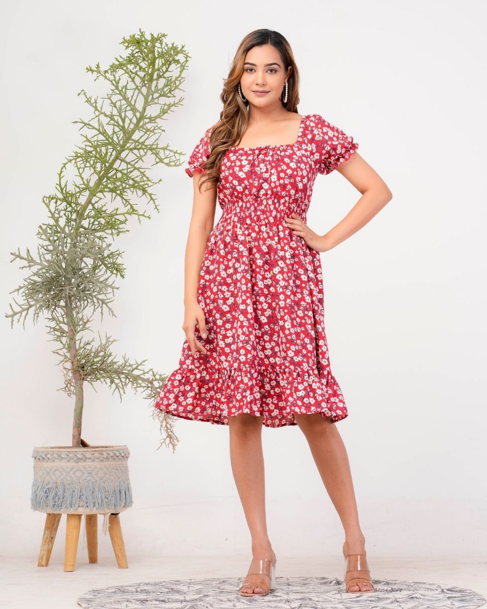 Pink Floral Printed Poly Crepe Dress For Women