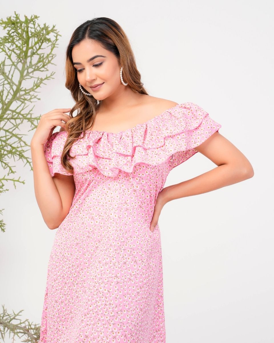 Pink Floral Printed Poly Crepe Dress For Women