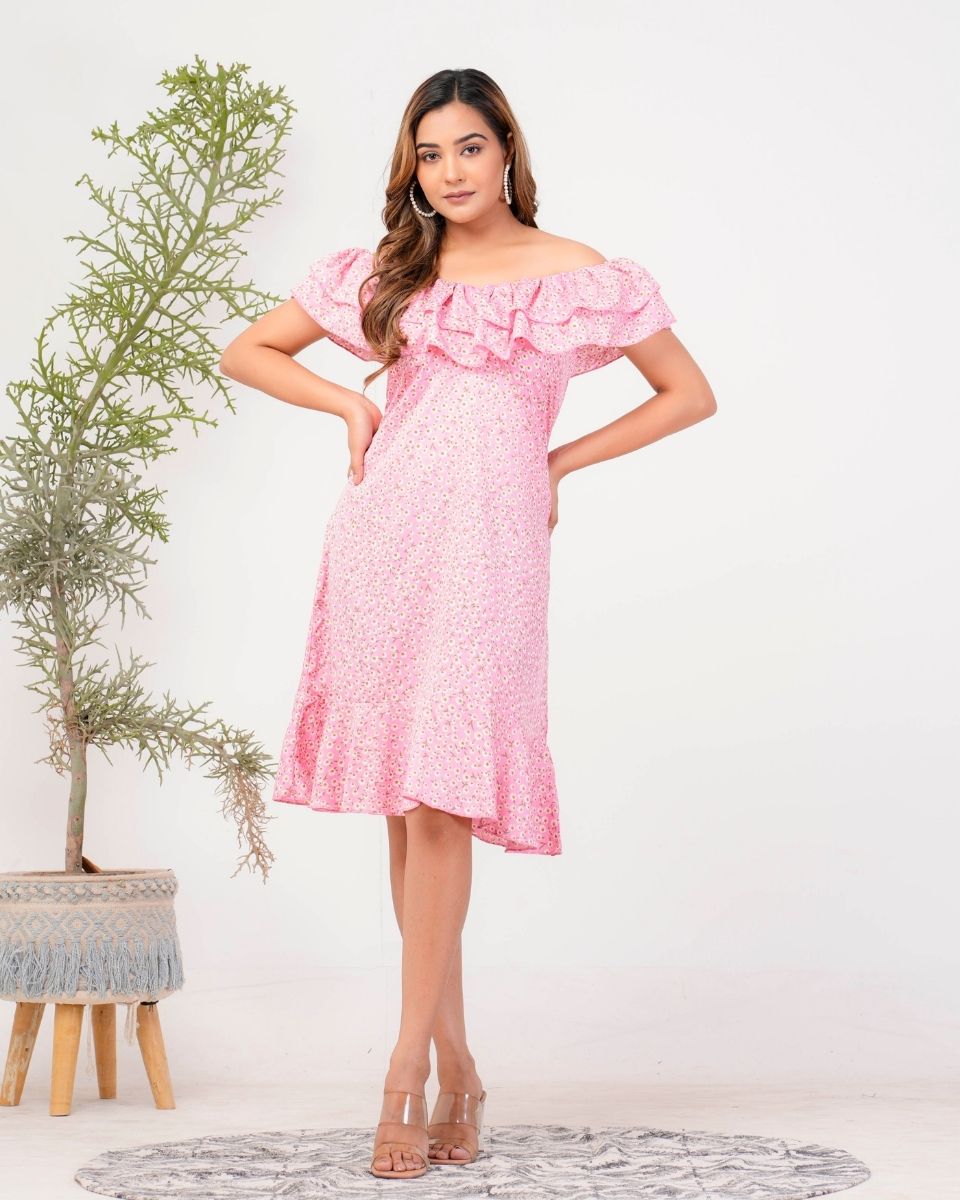 Pink Floral Printed Poly Crepe Dress For Women