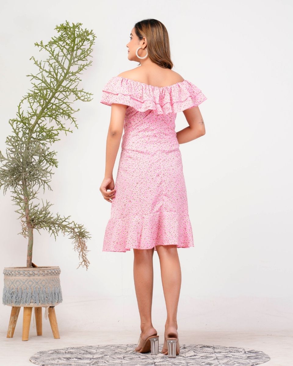 Pink Floral Printed Poly Crepe Dress For Women