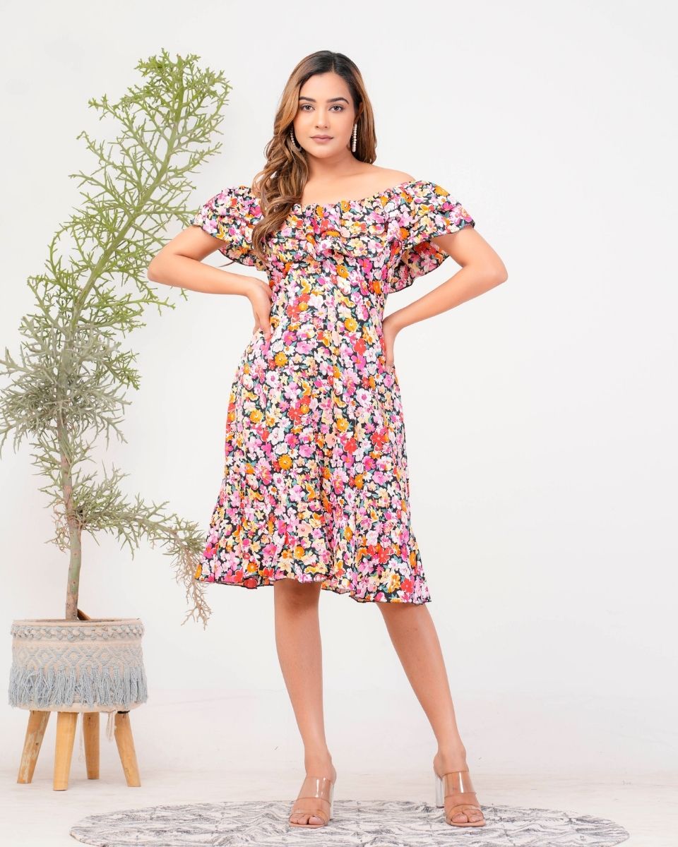 Multicolor Floral Printed Poly Crepe Midi Dress For Women