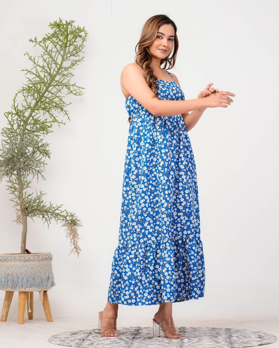 Azure Blue Floral Printed Poly Crepe Dress For Women