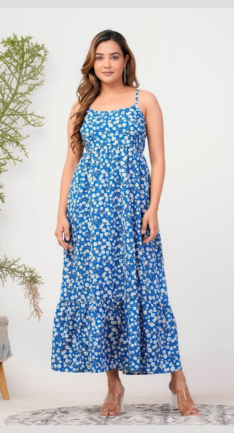 Azure Blue Floral A Line Maxi Dress For Women - S M L XL - SKU DRS-8033 S - Gypsie Blu