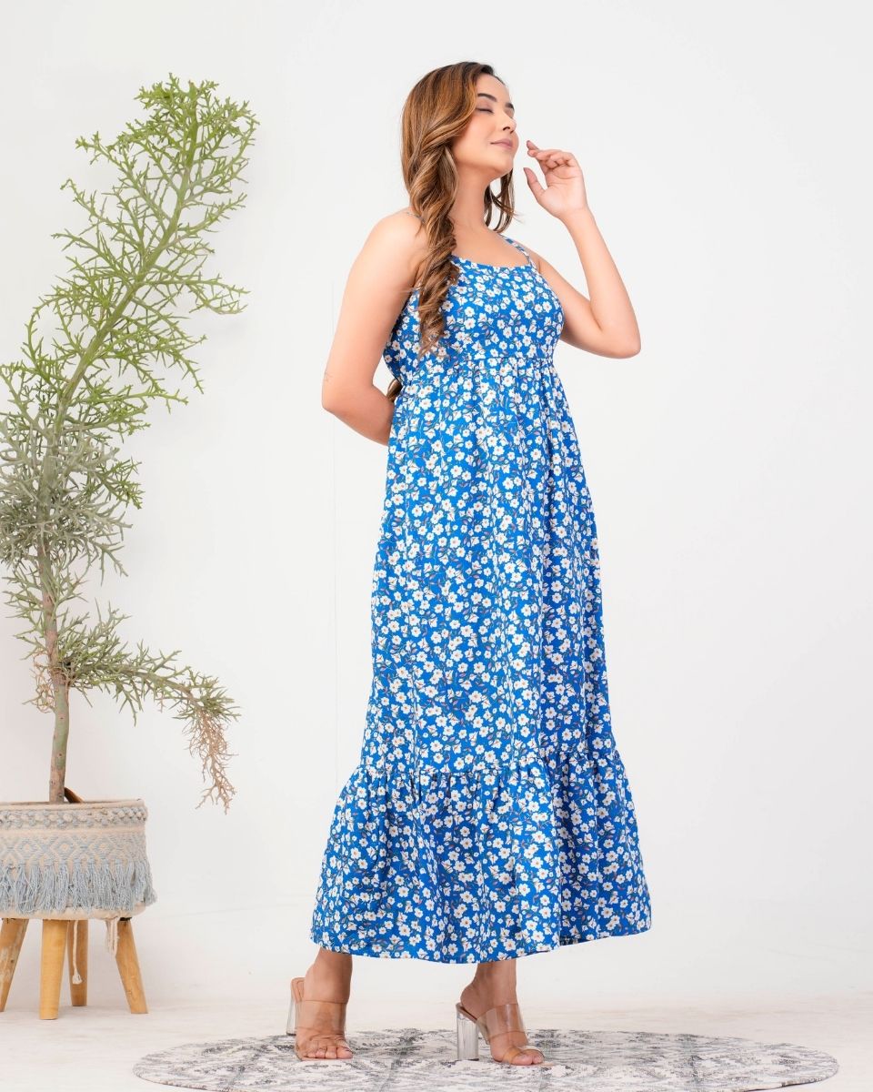 Floral Printed Blue Poly crepe Dress for Women