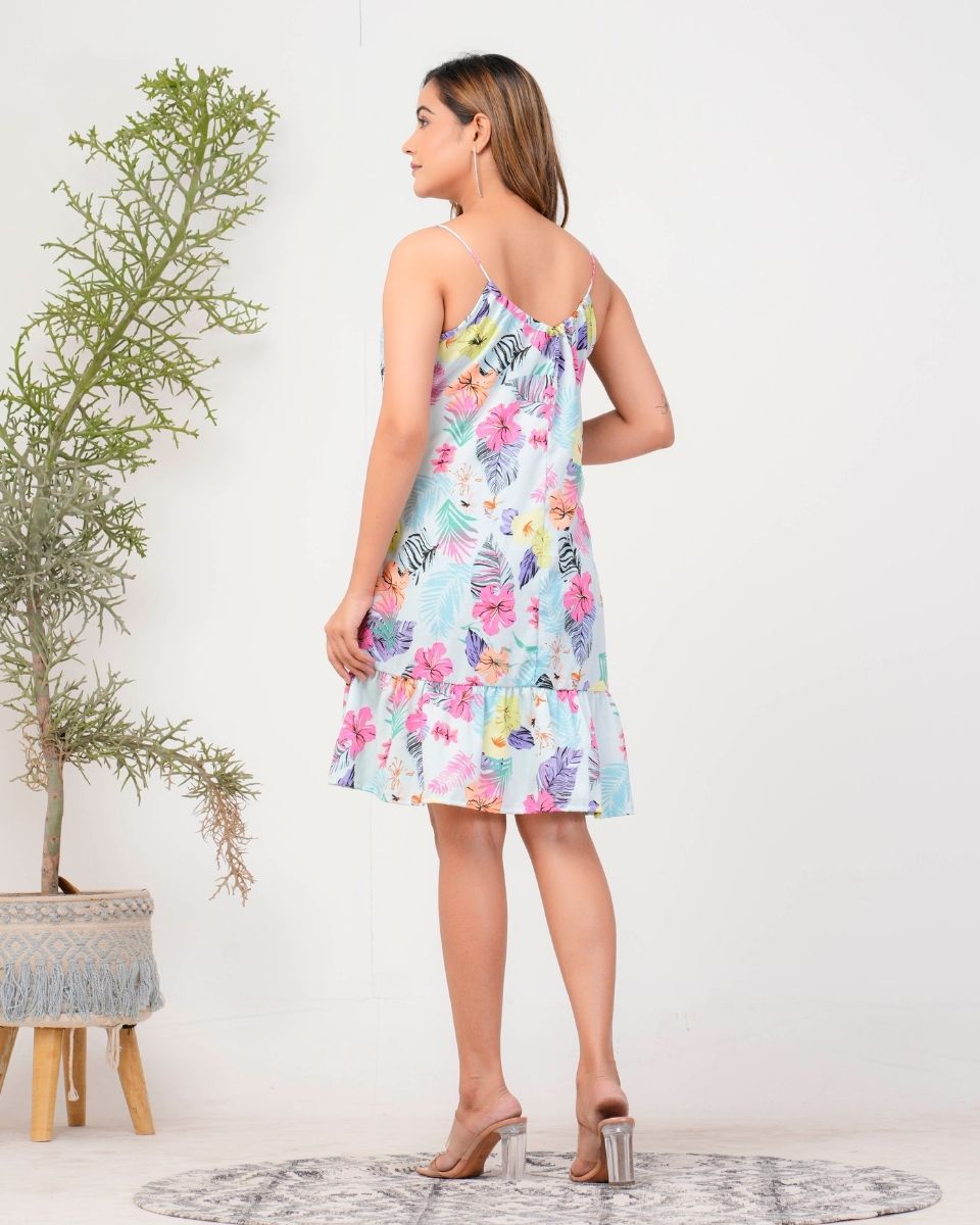 Tropical Printed Sky Blue Poly Crepe Dress For Women