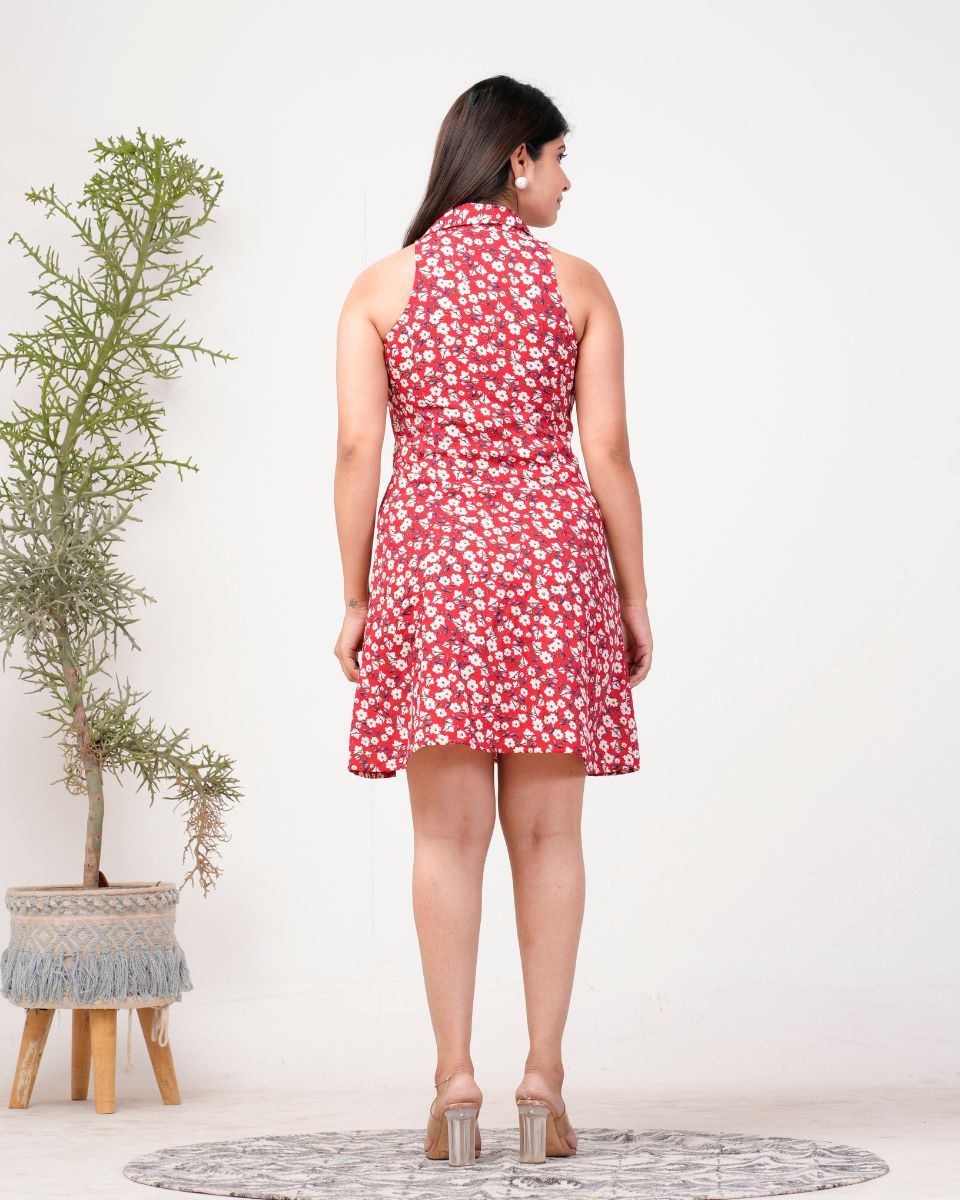 Floral Printed Red Poly Crepe Dress for Women