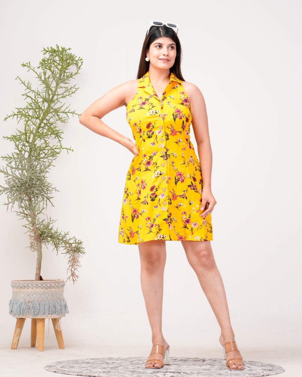 Yellow Poly Crepe Floral Printed Dress For Women