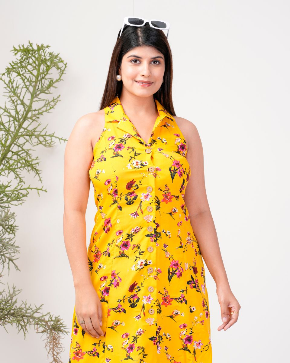 Floral Printed Yellow Poly Crepe Dress for Women