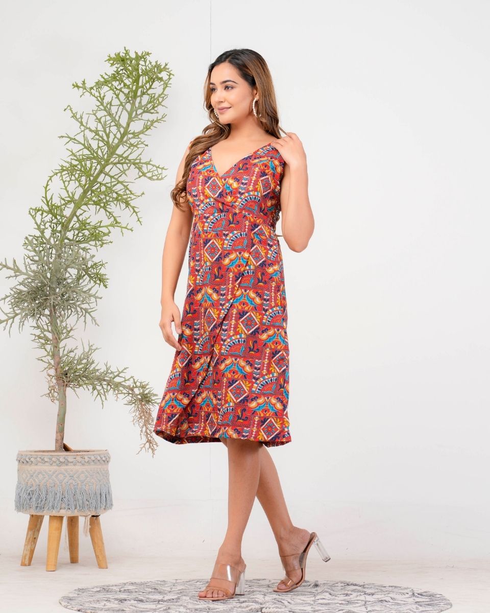 Jacobean Printed Maroon Poly Crepe Dress For Women