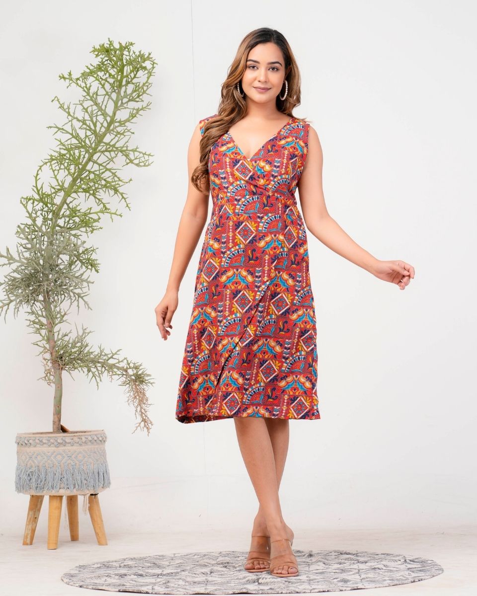 Jacobean Printed Maroon Poly crepe Dress for Women
